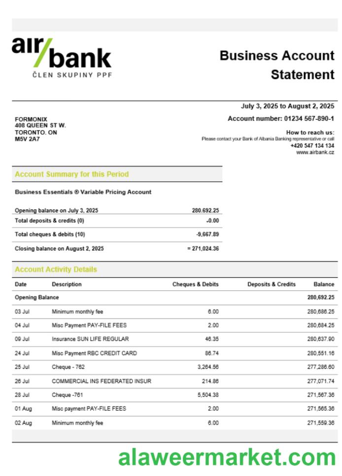 Air bank business organization checking  statement Word and PDF format